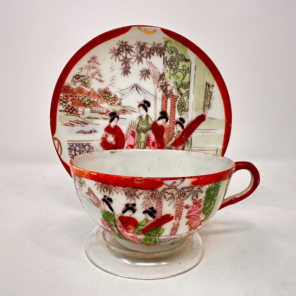 Japanese Kutani Geisha Girl Eggshell Porcelain Tea Cup Saucer Set #8 1921-1940